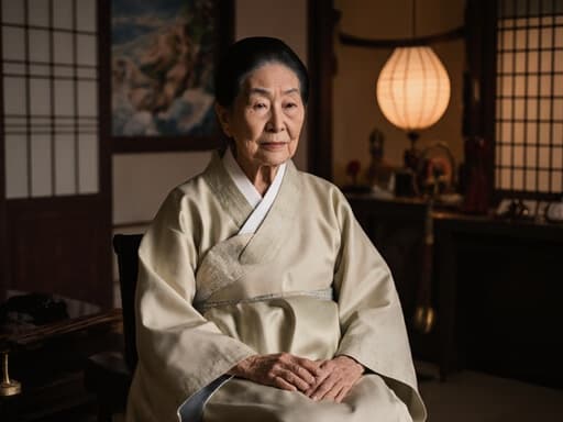 80대 동양인 여성으로 부드러운 색상의 전통 한복을 착용하고, 따뜻한 조명과 전통적인 장식이 있는 아늑한 거실에 편안하게 앉아 있습니다. 무관심한 표정으로 깊은 생각에 잠겨 있는 모습이 평화롭고 문화적인 풍경을 만들어냅니다.