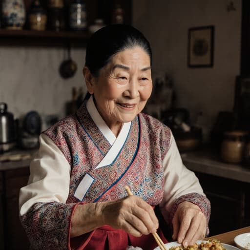 전통 한복을 입고 따뜻하게 미소 짓는 80대 한국인 여성이 한국의 전통 음식을 만들기 위해 재료를 준비하는 모습이 담긴 반신 촬영, 한국의 소품들로 가득한 빈티지 스타일의 주방에서 촬영되었습니다.