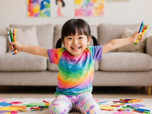 화려한 티셔츠와 레깅스를 입은 귀여운 3살 동양인 여아가 색연필을 한 손에 들고 스트레칭하며 순수한 미소를 짓고 있는 모습이 밝고 아늑한 거실에서 아이의 그림과 흩어진 미술 도구들 속에서 창의적이고 즐거운 분위기를 담고 있습니다.