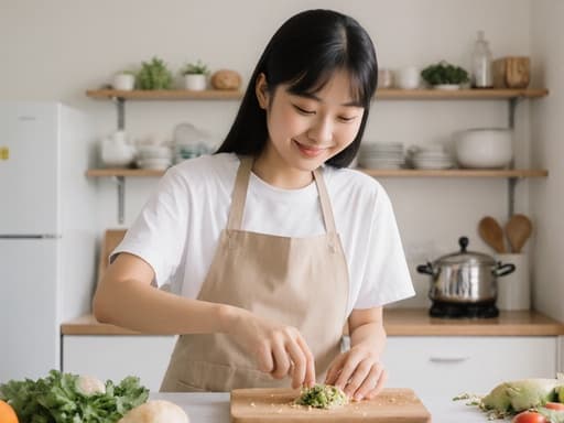 10대 초반의 동양인 여성이 실용적인 요리 앞치마와 캐주얼한 티셔츠를 입고 밝고 정돈된 주방에서 조리대에서 재료를 손질하며 즐겁고 자유로운 표정을 짓고 있는 모습입니다.
