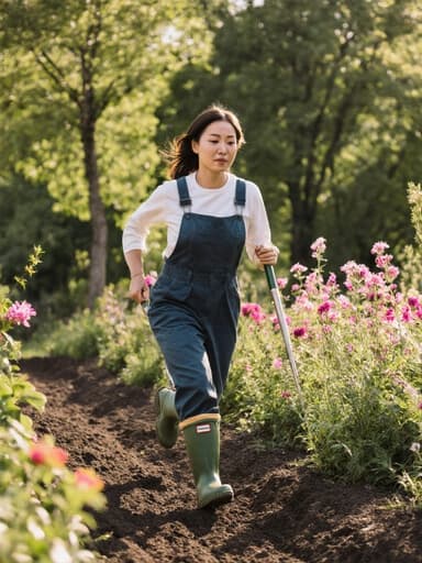 자연스러운 외모를 가진 30대 아시아계 여성의 전신 사진으로, 편안한 작업복과 고무 장화를 착용하고 정원 도구를 들고 햇살이 비치는 정원을 달리는 모습, 자연의 아름다움 속에서 피로와 지루함을 반영하고 있습니다.