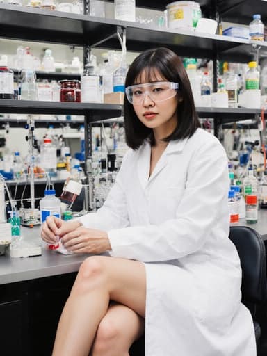 30대 아시아계 여성이 화이트 실험복과 안전 안경을 착용한 채 실험대에서 실험 도구와 상호작용하고 있는 모습으로, 다양한 실험 장비와 화학 물질이 놓인 활기찬 실험실에서 에너지와 열정을 발산하고 있습니다.