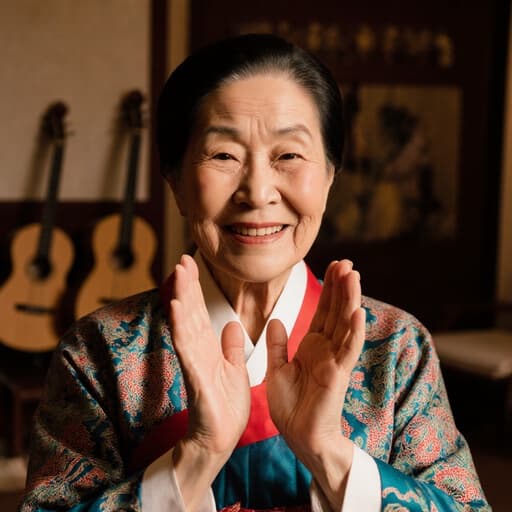 80대 백인 여성의 반신 사진으로, 전통 한복을 입고 친근한 표정을 지으며 관객을 맞이하는 모습입니다. 아늑한 거실 배경은 전통 악기로 장식되어 있어 평화롭고 초대하는 분위기를 만들어냅니다.