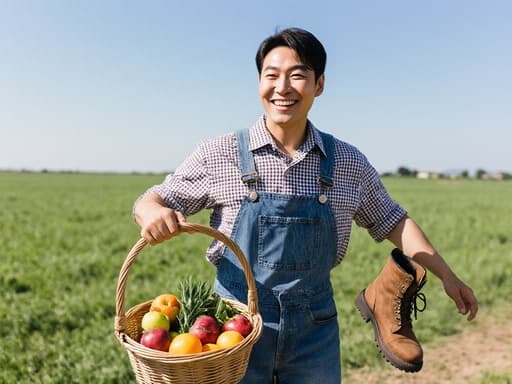 30대 동양인 남성이 체크무늬 셔츠와 청바지를 입고 신선한 농산물을 들고 가벼운 춤을 추며 자연스러운 미소를 짓고 있습니다. 배경의 밝은 농장 풍경과 맑은 푸른 하늘은 이미지의 즐거운 분위기를 더욱 강조합니다.