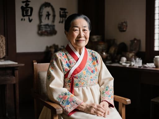 80대 한국인 여성이 전통 한복을 입고 나무 의자에 앉아 친근한 미소를 짓고 있는 반신 촬영. 아늑한 카페 배경은 전통 한국 소품들로 가득 차 있어 전통과 현대가 조화롭게 어우러집니다.