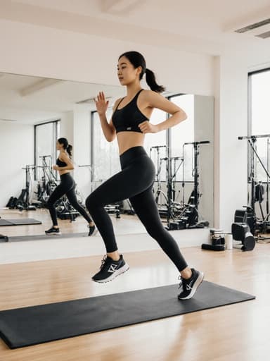 필라테스 의상을 입은 자신감 넘치는 10대 후반 아시아계 여성 모델의 전신 샷. 편안한 타이츠와 스포츠 브라, 운동화를 착용하고 있으며, 필라테스 매트 위에서 달리는 자세를 취하고 있습니다. 그녀의 운동 능력과 헌신을 보여주며, 밝고 깨끗한 필라테스 스튜디오 내부가 거울과 운동 기구로 장식되어 있어 동기 부여가 되는 피트니스 환경을 강조합니다.