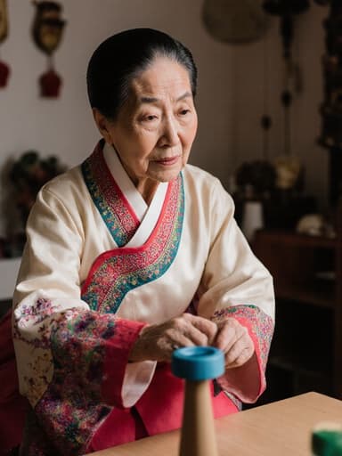80대 동양인 여성이 전통 한복을 입고 지루한 표정을 짓고 있으며, 전통 놀이를 하려고 달리려는 자세를 취하고 있는 모습의 반신 사진. 아늑한 거실에는 전통 한국 소품들이 배치되어 있어 따뜻한 문화적 분위기가 강조됩니다.