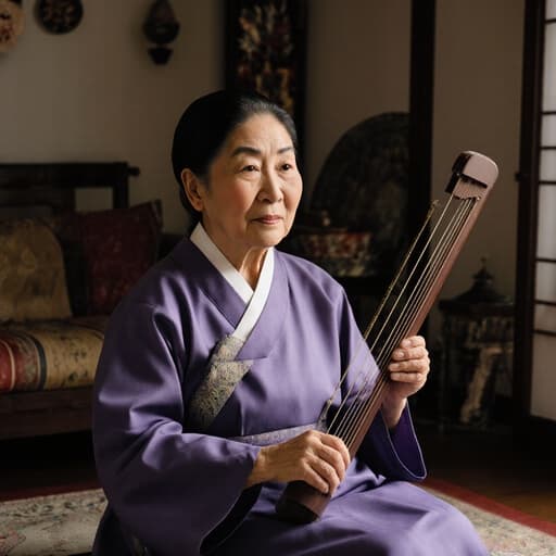전통 한복을 입은 80대 한국인 여성의 평온한 반신 촬영. 아늑한 거실 바닥에 앉아 가야금을 들고 있는 모습으로, 배경에는 전통 소품이 배치되어 있어 문화적인 분위기를 강조하며 그녀의 우아한 동작을 부각시킵니다.