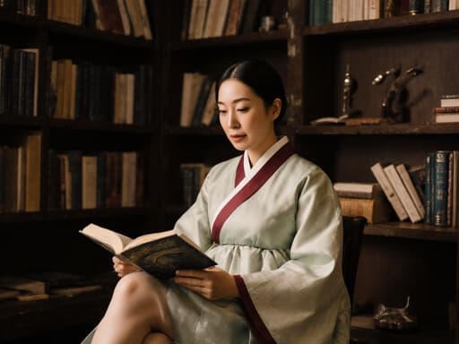 40대 아시아계 여성의 반신 사진으로, 전통 한복을 입고 책을 읽으며 크로스 레그로 앉아 있는 모습이 담겨 있습니다. 배경은 전통 한의학 서적과 도구들로 가득한 연구 공간으로, 평화롭고 학문적인 분위기를 자아냅니다.