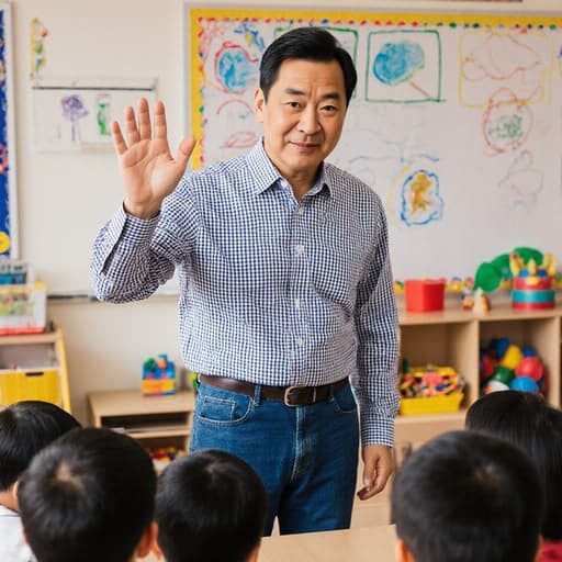 40대 동양인 남성 유치원 교사가 체크 무늬 셔츠와 청바지를 입고, 아이들에게 손을 흔들며 인사하는 모습의 반신 사진. 유치원 내부는 색색의 장난감과 그림으로 가득 차 있어 따뜻하고 초대하는 분위기를 자아냅니다.