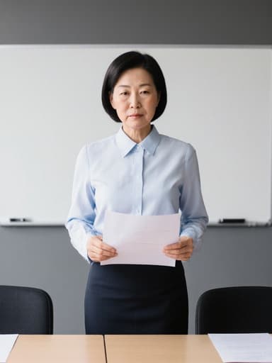 50대 한국인 여성의 반신 사진으로, 자연스러운 외모를 지닌 모습입니다. 단정한 블라우스와 스커트를 착용하고 있으며, 무표정으로 시험지를 들고 채점을 준비하는 모습을 보이고 있습니다. 배경은 화이트보드와 책상이 있는 현대적인 회의실로, 그녀의 집중한 태도와 잘 어우러진 전문적인 분위기를 만들어냅니다.