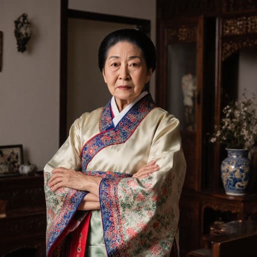 70대 혼혈 여성 한 명이 아늑한 거실에서 전통 한복을 입고 서 있습니다. 자연스러운 외모를 가지고 있으며, 팔짱을 끼고 지루한 표정을 짓고 있습니다. 전통 소품들이 배치되어 있어 문화적인 분위기를 더하고 있습니다.