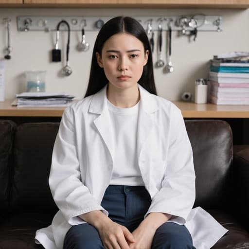 10대 초반의 백인 여성의 반신 사진으로, 의사 가운 위에 간단한 티셔츠와 바지를 입고 있습니다. 그녀는 소파에 편안히 앉아 무릎 위에 손을 두고 무관심한 표정을 지으며 약간의 피곤함을 보이고 있습니다. 배경은 의료 사무실의 내부로 진료기구와 정리된 책상이 보이며, 전문적이면서도 편안한 분위기를 만들어냅니다.