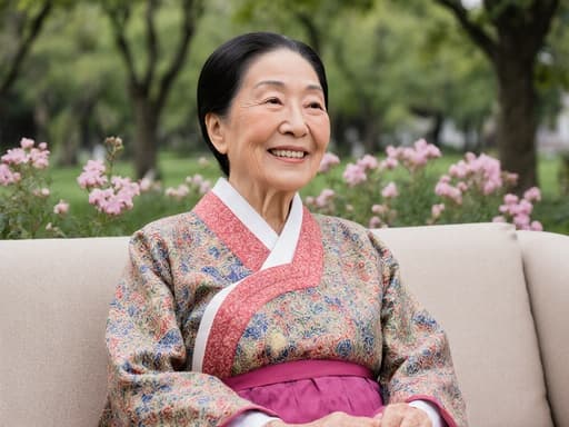 70대 아시아계 여성의 반신 사진으로, 따뜻한 미소를 지으며 소파에 앉아 손을 무릎에 올리고 전통적인 한복을 입고 있습니다. 배경은 평화로운 공원 풍경으로, 나무와 꽃들이 있어 이미지의 고요한 분위기를 더욱 강조합니다.