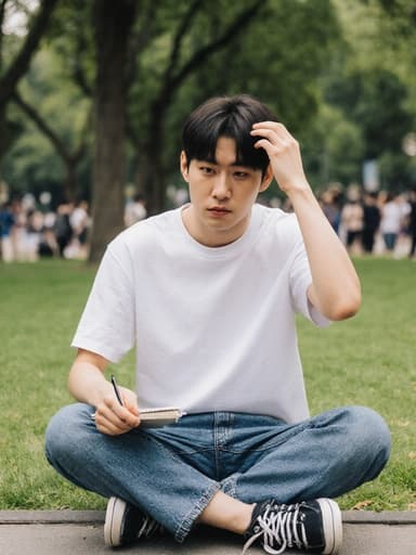 편안한 티셔츠와 청바지를 입은 젊은 동양인 남성이 공원에 서서 한 손에 노트를 들고 다른 손으로 머리를 긁적이며 지루한 표정을 짓고 있습니다. 배경에는 나무와 잔디가 있는 평화로운 공원 환경이 펼쳐져 있습니다.