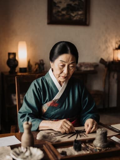 이 이미지는 전통 한복을 입은 70대 동양인 여성의 평온한 반신 사진을 담고 있습니다. 그녀는 테이블 위의 공예 도구를 섬세하게 다루며 깊은 집중을 하고 있으며, 아늑한 거실은 전통 소품으로 장식되어 있습니다. 따뜻한 분위기가 그녀의 차분한 표정과 문화적 장인의 정수를 강조합니다.