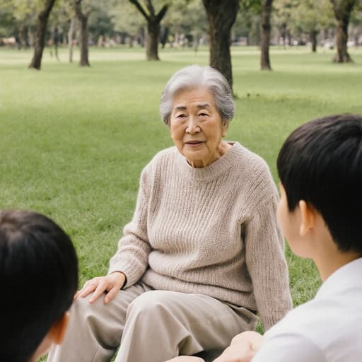 70대 한국인 여성의 반신 상반신 사진으로, 자연스러운 외모를 가진 그녀가 푸른 잔디가 펼쳐진 평화로운 공원에서 편안하게 앉아 있습니다. 그녀는 편안한 니트와 면바지를 착용하고 있으며, 피곤한 표정을 짓고 있지만 손자와의 따뜻한 대화에 대한 애정이 느껴집니다. 부드러운 자연광이 차분한 분위기를 더해주며, 그들이 함께하는 기쁜 순간을 포착합니다.