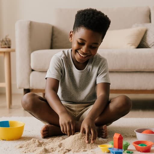 자연스러운 외모를 가진 7세의 흑인 남성이 밝고 아늑한 거실에 앉아 있습니다. 그는 편안한 티셔츠와 반바지를 입고 있으며, 바닥에 펼쳐진 모래놀이 세트를 가지고 행복하게 놀고 있습니다. 그의 표정은 모래와 상호작용하며 즐거운 기분을 나타내고 있습니다. 따뜻한 조명이 장면의 매력을 높이며 놀이터 같은 분위기를 만들어냅니다.