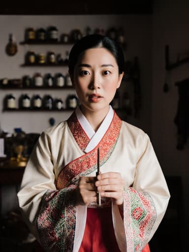 전통 한복에 화려한 자수를 새긴 30대 아시아계 여성이 뜸 도구를 조심스럽게 들고 놀란 표정을 짓고 있는 반신 촬영, 한약재와 도구들로 가득한 전통 한의원 내부.