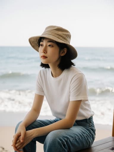해변가 카페에서 물고기를 기다리는 차분한 표정의 아시아계 소녀의 모습으로, 부드러운 파도가 배경에 있는 자연스러운 이미지입니다.
