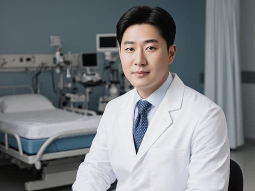 30대 한국인 남성이 의사 가운과 깔끔한 넥타이를 입고 병실에 앉아 있습니다. 그의 손은 무릎 위에 자연스럽게 놓여 있으며, 세련된 표정을 하고 있습니다. 배경에는 의료 기기와 환자 침대가 배치되어 있어 임상 환경을 강조합니다.