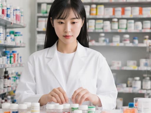 10대 초반의 한국인 여성 모델이 흰색 가운을 입고 캐주얼한 복장 아래에 약통을 정리하고 있는 모습입니다. 그녀는 차분한 표정을 지으며 신뢰감을 주고, 배경에는 약품이 진열된 약국 상담실이 있습니다.