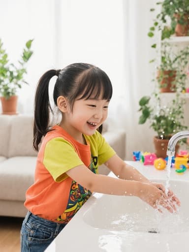 세면대에서 손을 씻고 있는 귀여운 7세 한국인 여아의 반신 촬영. 화사한 색상의 티셔츠와 편안한 청바지를 입고 있으며, 물을 튀기며 즐거운 표정을 짓고 있습니다. 배경은 화분과 장난감이 놓인 밝고 아늑한 거실입니다.