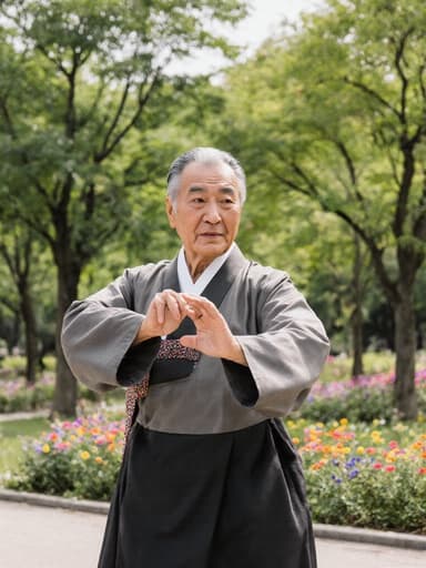 80대 한국인 남성이 전통 한복을 입고 우아하게 춤추는 반신 사진입니다. 그는 평온한 표정을 지으며 자연스럽게 팔을 벌리고 몸을 흔들며 춤의 기쁨을 표현합니다. 배경은 초록색 나무와 꽃들이 있는 평화로운 공원으로, 장면의 고요한 분위기를 더욱 돋보이게 합니다.