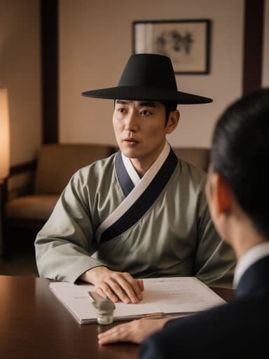 이 이미지는 30대 백인 남성이 전통 한복을 입고 놀란 표정을 지으며 환자의 설명에 주의 깊게 귀 기울이는 모습을 담고 있습니다. 그의 손은 회의실 테이블에 얹혀 있으며, 따뜻한 조명이 비추는 전통적인 의료 클리닉의 대기실에서 편안하고 초대하는 분위기를 만들어냅니다.