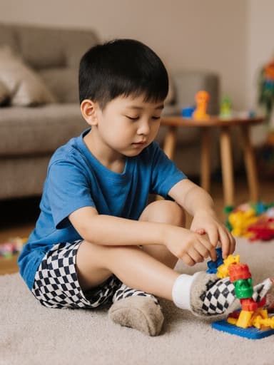 아늑한 거실 장면에서 귀여운 외모의 7세 아시아계 남자아이를 담아내고 있습니다. 그는 파란색 티셔츠와 체크무늬 반바지를 입고 편안하게 앉아 있으며, 다리를 뻗고 졸린 표정을 짓고 있습니다. 손에는 가까운 장난감을 만지고 있어 자연스러운 상호작용을 보여줍니다. 배경에는 소파와 작은 테이블, 어지럽게 놓인 장난감들이 있어 따뜻하고 초대하는 듯한 분위기를 자아냅니다.