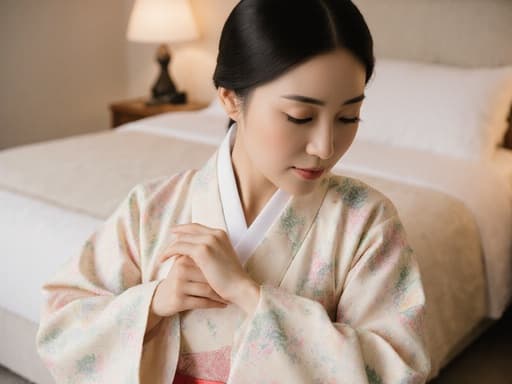 30대 동양인 여성이 부드러운 색상의 패턴이 돋보이는 전통 한복을 입고 있는 평온한 반신 초상입니다. 그녀는 한복의 소매를 천천히 정리하며 편안한 표정을 짓고 있습니다. 아늑한 침실은 부드러운 조명으로 가득 차 있어 차분한 분위기를 더합니다.