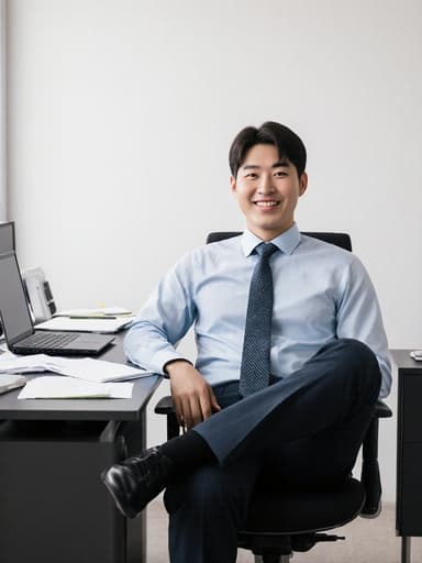 30대 한국 남성이 정장 셔츠와 바지를 착용하고 넥타이를 매고 긍정적인 미소를 띤 채로 현대적인 사무실 책상에 앉아 다리를 뻗고 노트북에서 작업하는 모습의 반신 사진.
