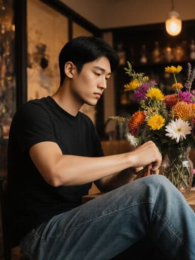 20대 혼혈 남성이 아늑한 카페에서 편안한 티셔츠와 청바지를 입고 앉아 있습니다. 그는 꽃꽂이 도구를 손에 들고 무표정으로 꽃을 정리하는 모습으로, 평온하고 예술적인 분위기를 연출합니다.