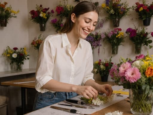 20대 유럽계 여성인 그녀가 편안한 블라우스와 청바지를 입고, 아늑한 카페에서 꽃꽂이 도구를 사용해 꽃을 정리하며 긍정적인 미소를 짓고 있다. 주변은 다양한 꽃들로 장식되어 있다.