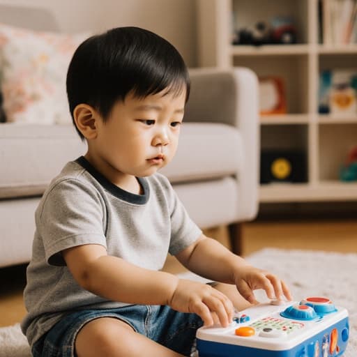 아늑한 거실 바닥에 앉아 있는 귀여운 3세 동양인 남자 어린이가 편안한 티셔츠와 반바지를 입고 있습니다. 그는 작은 음악 기기를 만지작거리며 배고픈 표정을 지으며, 음악 관련 장식품이 놓인 소파와 책장이 있는 배경으로 둘러싸여 있습니다.