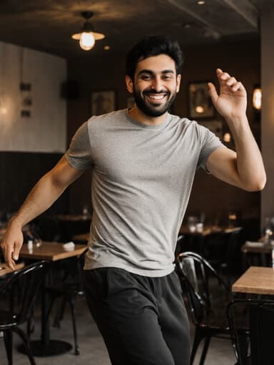 30대 중동계 남성이 편안한 티셔츠와 운동용 바지를 입고 아늑한 카페에서 즐겁게 춤추고 있는 모습의 전신 사진으로, 생동감 넘치고 초대하는 분위기를 만들어냅니다.