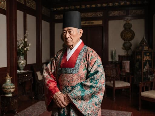 전통 한복을 입은 80대 동양인 남성의 평화로운 반신 샷, 무관심한 표정을 지으며 전통 춤을 준비하는 모습이 아름답게 장식된 거실 배경으로 표현됩니다.