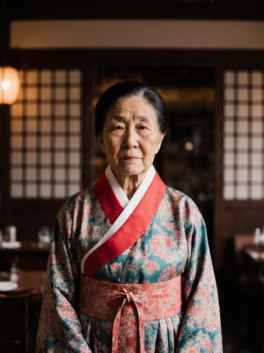 이 이미지는 화려한 전통 한복을 입은 80대 아시아계 여성이 따뜻한 조명으로 아늑한 카페에서 서 있는 모습을 담고 있습니다. 그녀의 걱정스러운 표정과 자연스러운 자세는 깊은 사색의 감정을 불러일으키며, 카페의 전통적인 인테리어와 아름답게 조화를 이루고 있습니다.