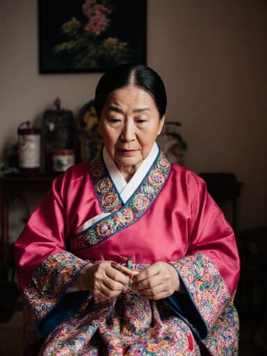 화려한 전통 한복을 입은 차분한 70대 한국인 여성으로, 전통 공예 도구를 들고 자신의 작업에 몰두하고 있는 모습이 아늑한 거실의 전통 장식과 함께 담긴 이미지입니다.