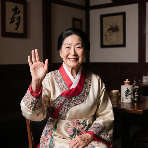 70대 혼혈 여성이 전통 한복을 입고 따뜻하게 미소 지으며 한 손을 들어 인사하는 모습이 전통 소품으로 장식된 아늑한 카페 내부에서 촬영된 이미지입니다.