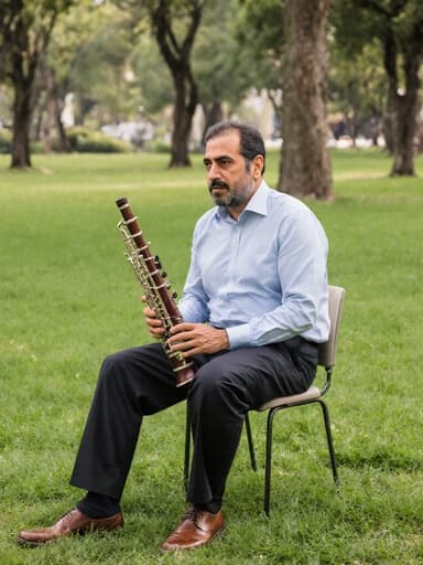 40대 중동계 남성이 공원에서 편안하게 앉아 악기를 들고, 차분하고 진지한 표정을 짓고 있습니다. 자연에 둘러싸여 음악을 깊이 생각하며, 세련된 캐주얼 복장을 하고 있습니다.