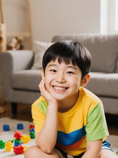 이 이미지는 밝은 티셔츠와 반바지를 입고 장난스럽게 미소를 지으며 친구와 함께 기다리며 손을 턱에 괴고 있는 7세 한국인 남아를 담고 있습니다. 따뜻하고 아늑한 거실 배경에는 장난감이 흩어져 있습니다.