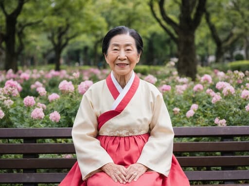 전통 한복을 입은 80세 한국인 여성이 벤치에 앉아 만족스러운 미소를 지으며 행복한 모습으로, 푸르른 나무와 꽃들이 있는 공원에서 평화롭고 기쁜 분위기를 전달합니다.