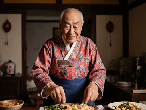 80대 동양인 남성이 화려한 전통 한복을 입고 아늑한 거실에서 전통 음식을 즐겁게 준비하고 있습니다. 그의 평온한 미소와 부드럽게 흔드는 동작은 행복함과 자신의 문화유산에 대한 깊은 연결을 나타냅니다.