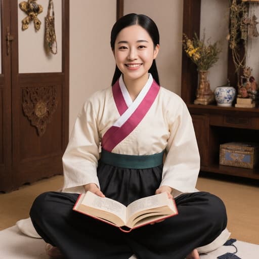 전통 한복을 입은 10대 후반의 아시아계 여성이 아늑한 한의학 상담실에서 크로스 레그로 앉아 한의학 관련 책을 들고 있습니다. 부드러운 미소로 따뜻함과 친근함을 전하며, 전통적인 한의학 도구들이 조화를 이루어 치유와 지식의 분위기를 자아냅니다.