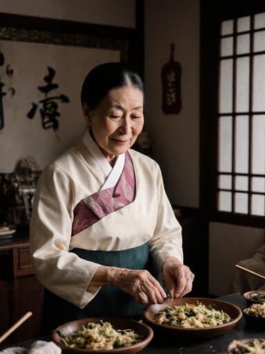 전통적인 한복을 입고 있는 80대 혼혈 여성이 아늑한 거실에서 전통 음식을 기쁘게 준비하고 있는 모습의 평화로운 반신 샷, 아름다운 장식과 요리 도구들로 꾸며진 공간에서 따뜻함과 문화유산을 발산하고 있습니다.