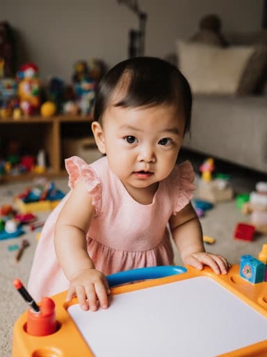 귀여운 분홍색 원피스를 입은 1살 동양인 여성 아기가 배고픈 표정으로 눈을 초롱초롱 빛내며 장난감 테이블에 있는 그림 도구를 향해 손을 뻗고 있는 모습이 담긴 전신 사진. 아늑한 거실에는 장난감들이 널려 있습니다.