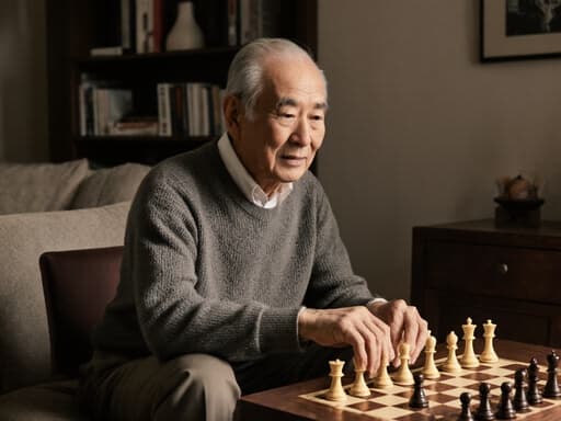 이 이미지는 아늑한 거실에 앉아 있는 80대 동양인 남성을 보여줍니다. 그는 니트 스웨터와 슬랙스를 입고 체스 게임에 몰두하고 있으며, 테이블 위의 체스 기물을 움직이기 위해 집중하고 있는 차분한 표정을 짓고 있습니다. 소파와 책장이 배경에 있는 따뜻한 분위기가 장면의 매력을 더합니다.