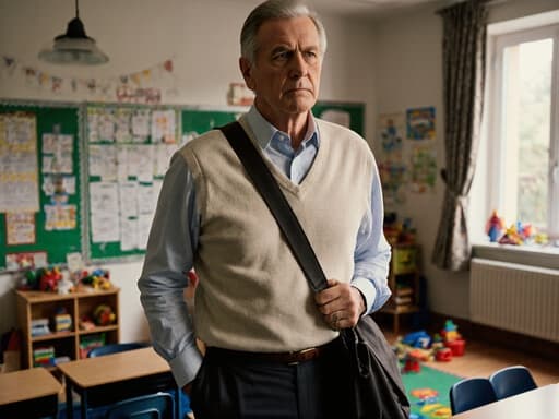 50대 유럽계 남성의 반신 사진으로, 정장 바지와 셔츠에 캐주얼 스웨터를 겹쳐 입고 있습니다. 그는 긴장한 표정을 짓고 있으며, 어깨에 가방을 메고 있습니다. 배경은 유아용 책상과 장난감들이 놓인 밝고 아늑한 교실입니다.