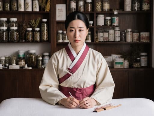 30대 백인 여성이 전통 한복을 입고 한의사 복장으로 차려입은 반신 사진. 그녀는 전통 한의원에서 치료 침대에 앉아 치료 도구를 손에 들고 있습니다. 피곤하지만 진지한 표정으로 자신의 일에 대한 헌신을 나타냅니다. 배경은 한의원의 내부로, 한방 약재와 다양한 치료 도구가 진열되어 있어 전통 치유의 주제를 강조하는 조화로운 분위기를 만들어냅니다.